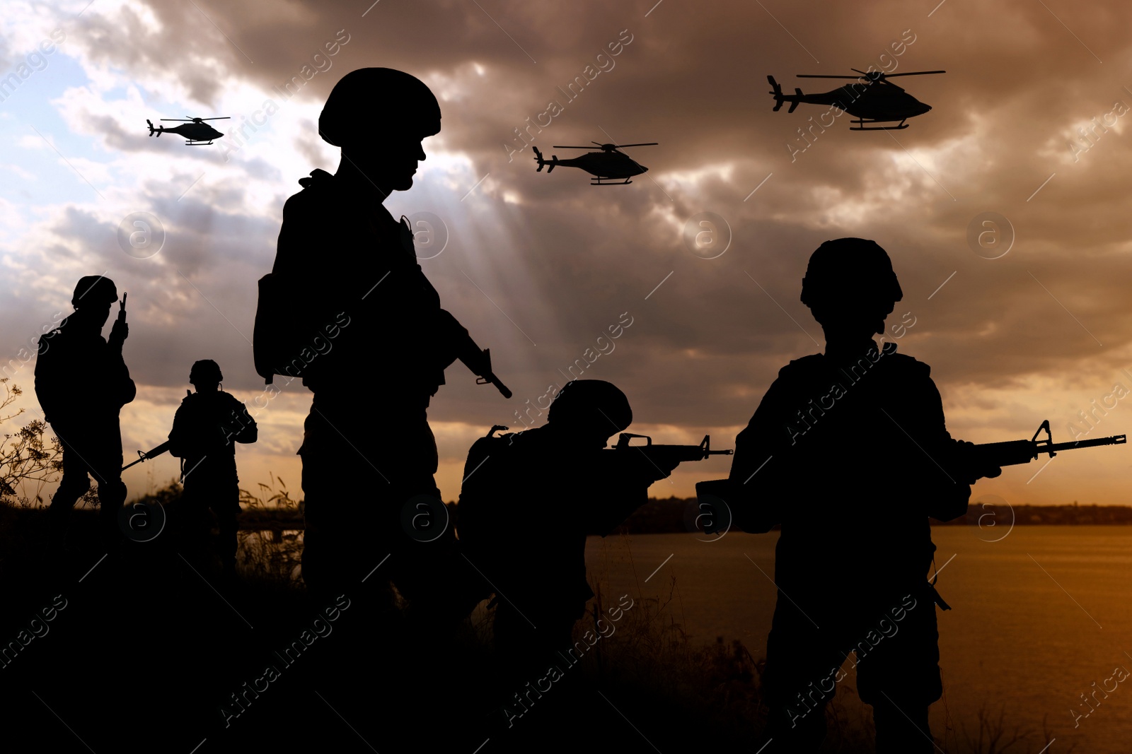 Image of Silhouettes of soldiers with assault rifles and military helicopters patrolling outdoors