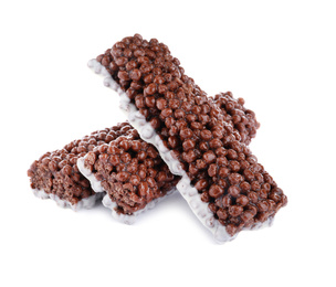 Photo of Delicious rice crispy treats on white background