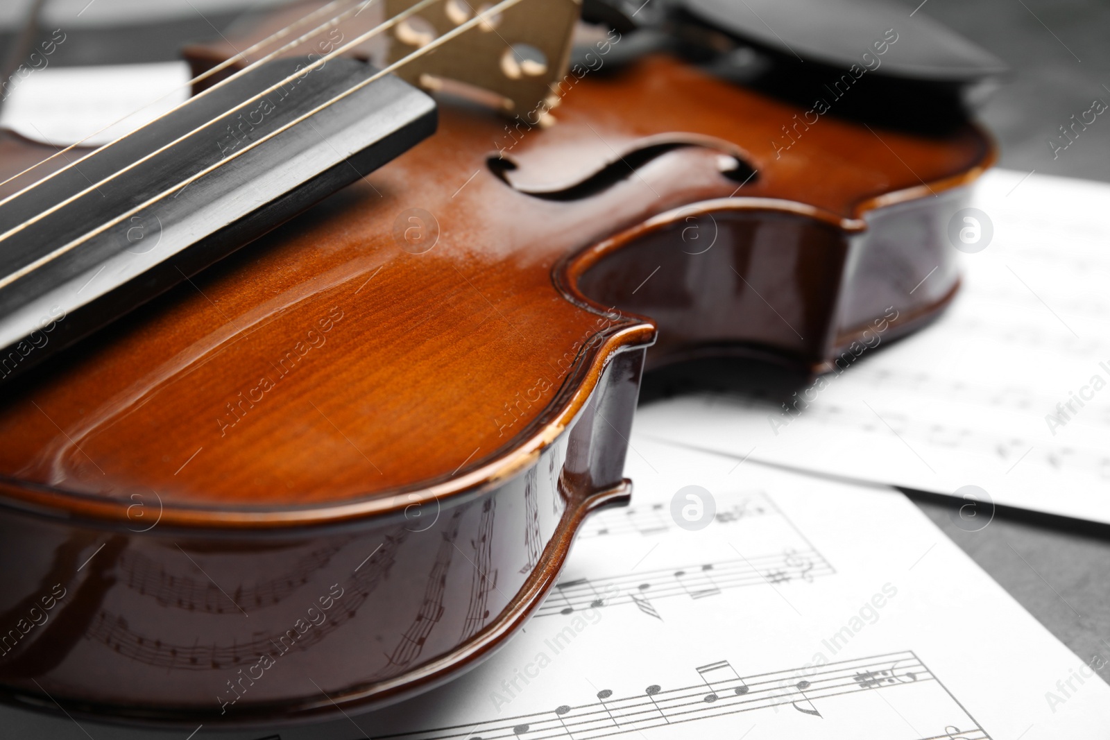 Photo of Beautiful violin and note sheets on table, closeup