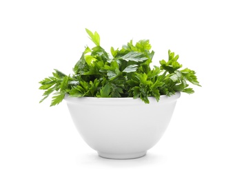 Bowl with fresh green parsley on white background