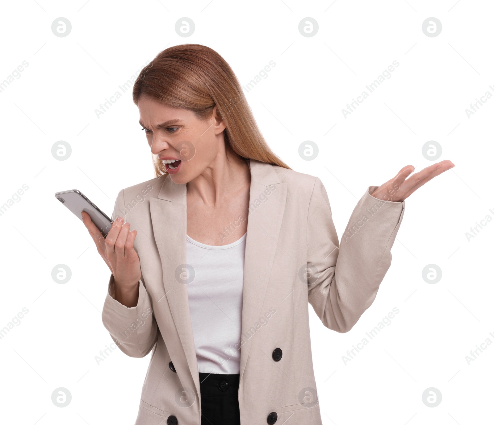 Photo of Angry businesswoman with smartphone on white background