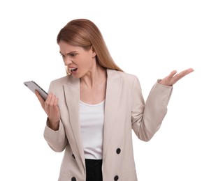 Photo of Angry businesswoman with smartphone on white background