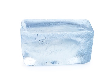 Photo of Single ice cube on white background. Frozen liquid