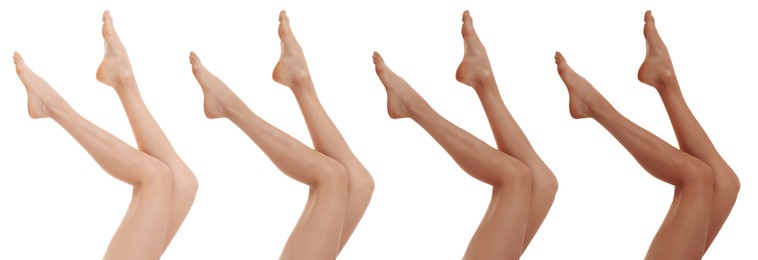 Image of Collage with photos of women with smooth silky skin after epilation, closeup view of legs. Banner design