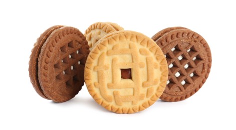 Photo of Different tasty sandwich cookies on white background