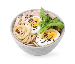 Photo of Bowl of delicious ramen with meat and egg isolated on white. Noodle soup