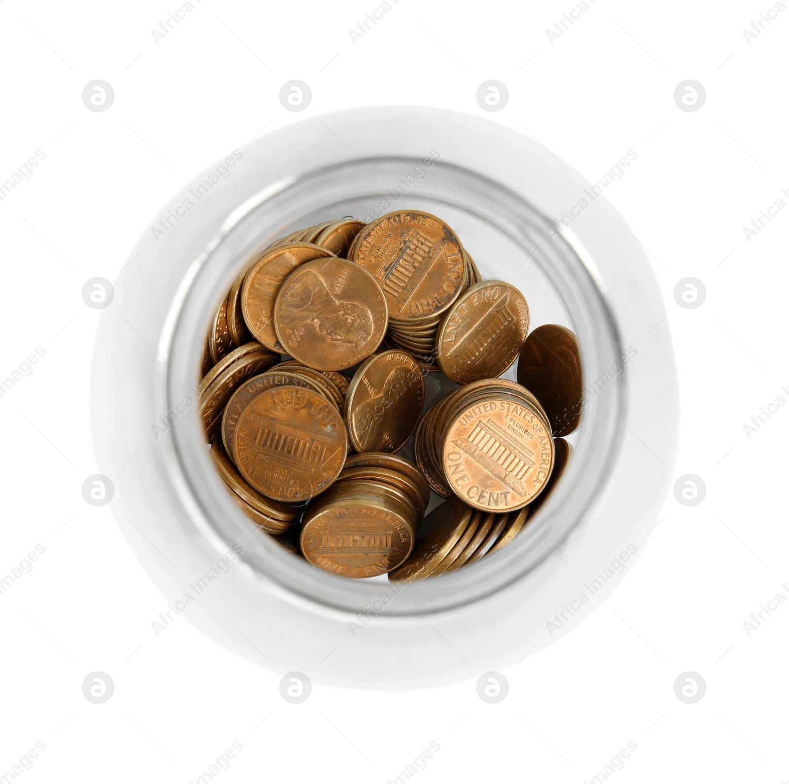 Photo of Glass jar with coins isolated on white, top view