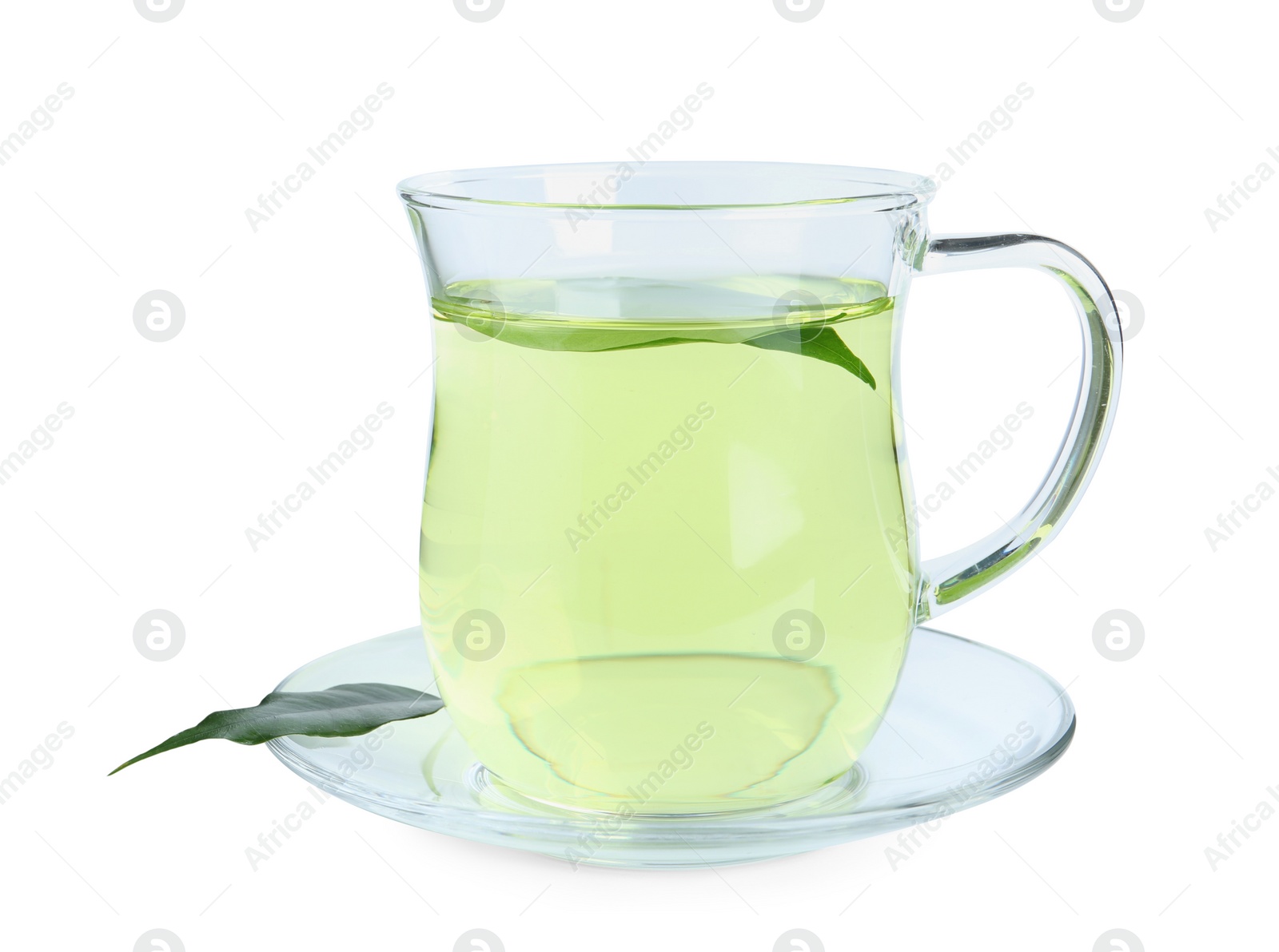 Photo of Cup of aromatic green tea with leaves isolated on white