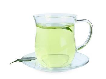 Photo of Cup of aromatic green tea with leaves isolated on white