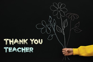 Woman near blackboard with drawn bouquet and phrase Thank You Teacher, closeup