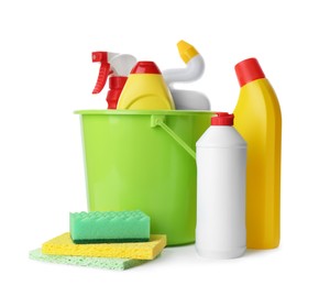 Set of different cleaning supplies on white background