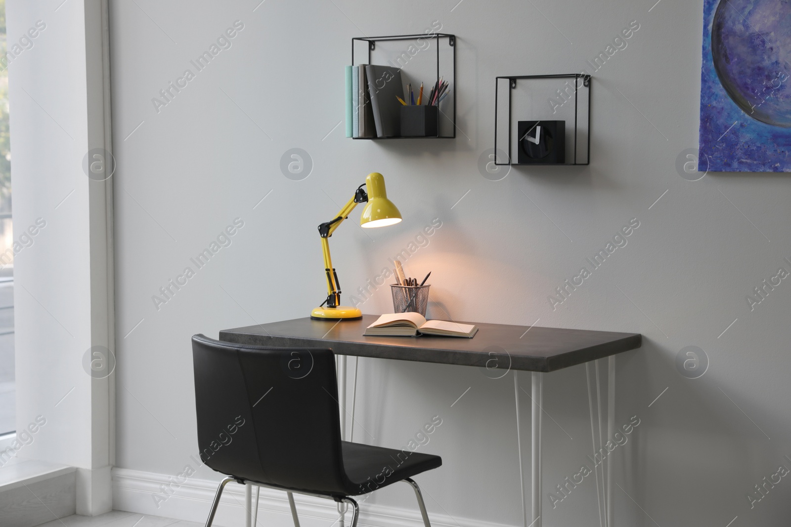 Photo of Modern teenager's room interior with workplace and stylish design elements