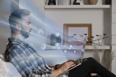 Image of Speed internet. Man using laptop in room. Motion blur effect symbolizing fast connection