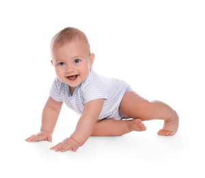 Photo of Cute little baby boy crawling on white background