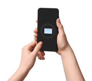 Image of Woman checking new message on mobile phone against white background, closeup