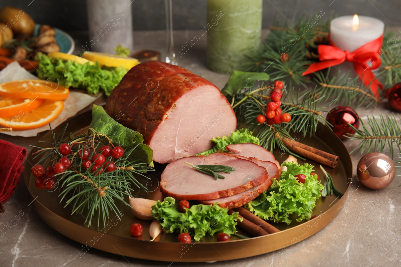 Photo of Delicious ham served on table. Christmas dinner