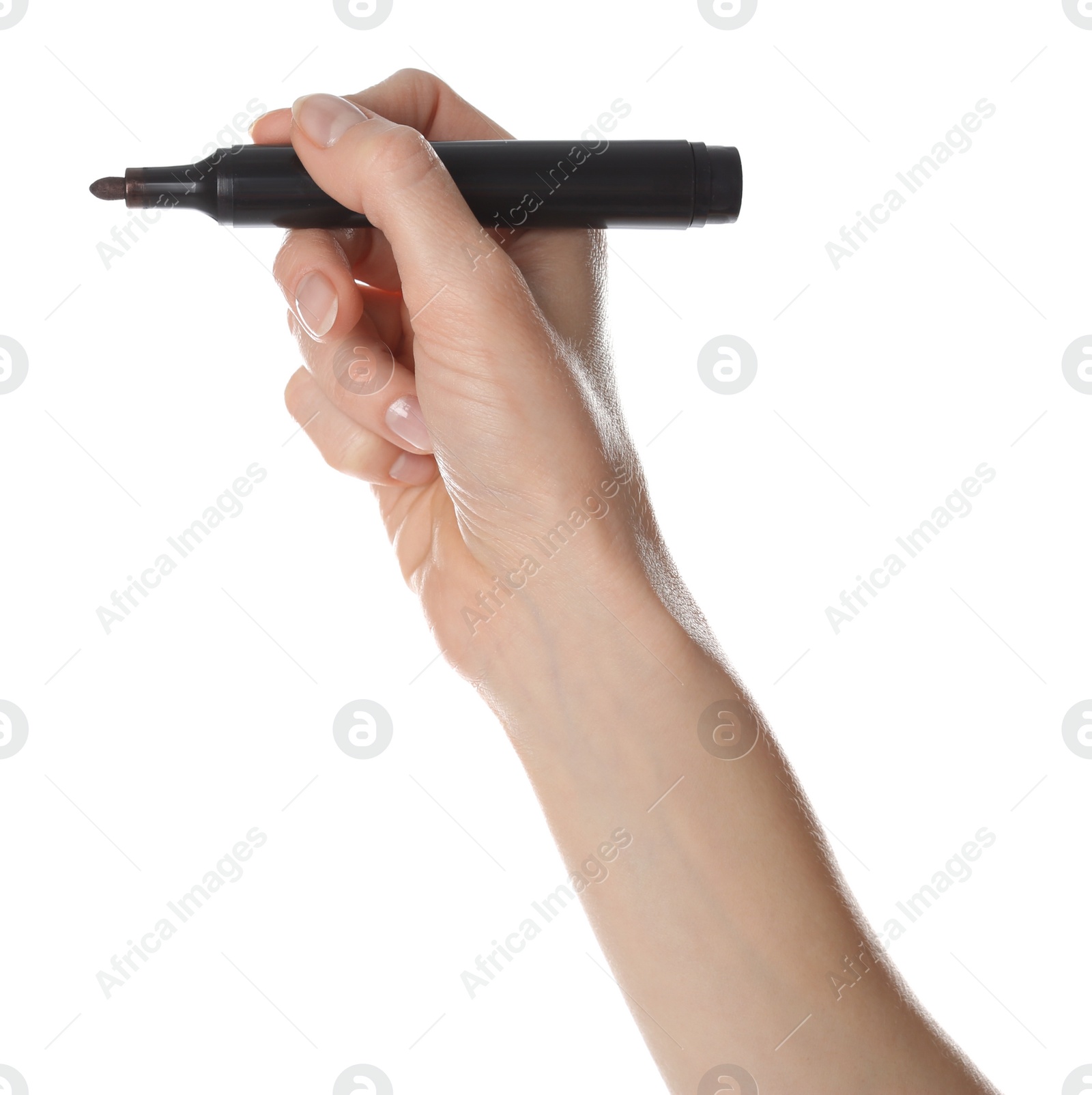 Photo of Woman holding black marker on white background, closeup