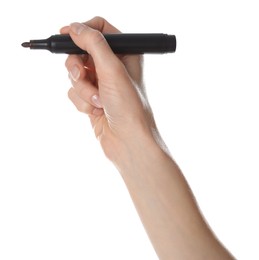 Photo of Woman holding black marker on white background, closeup