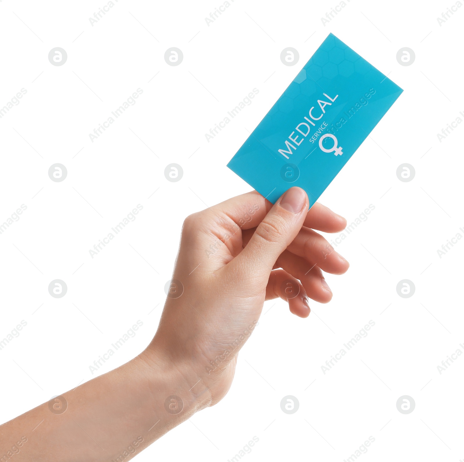 Photo of Girl holding medical business card isolated on white, closeup. Women's health service