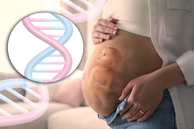 Image of Noninvasive prenatal testing (NIPT). Double exposure of pregnant woman and little baby. Illustration of DNA structure