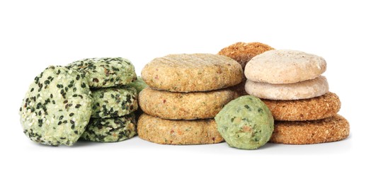 Photo of Many different raw vegan meat products on white background