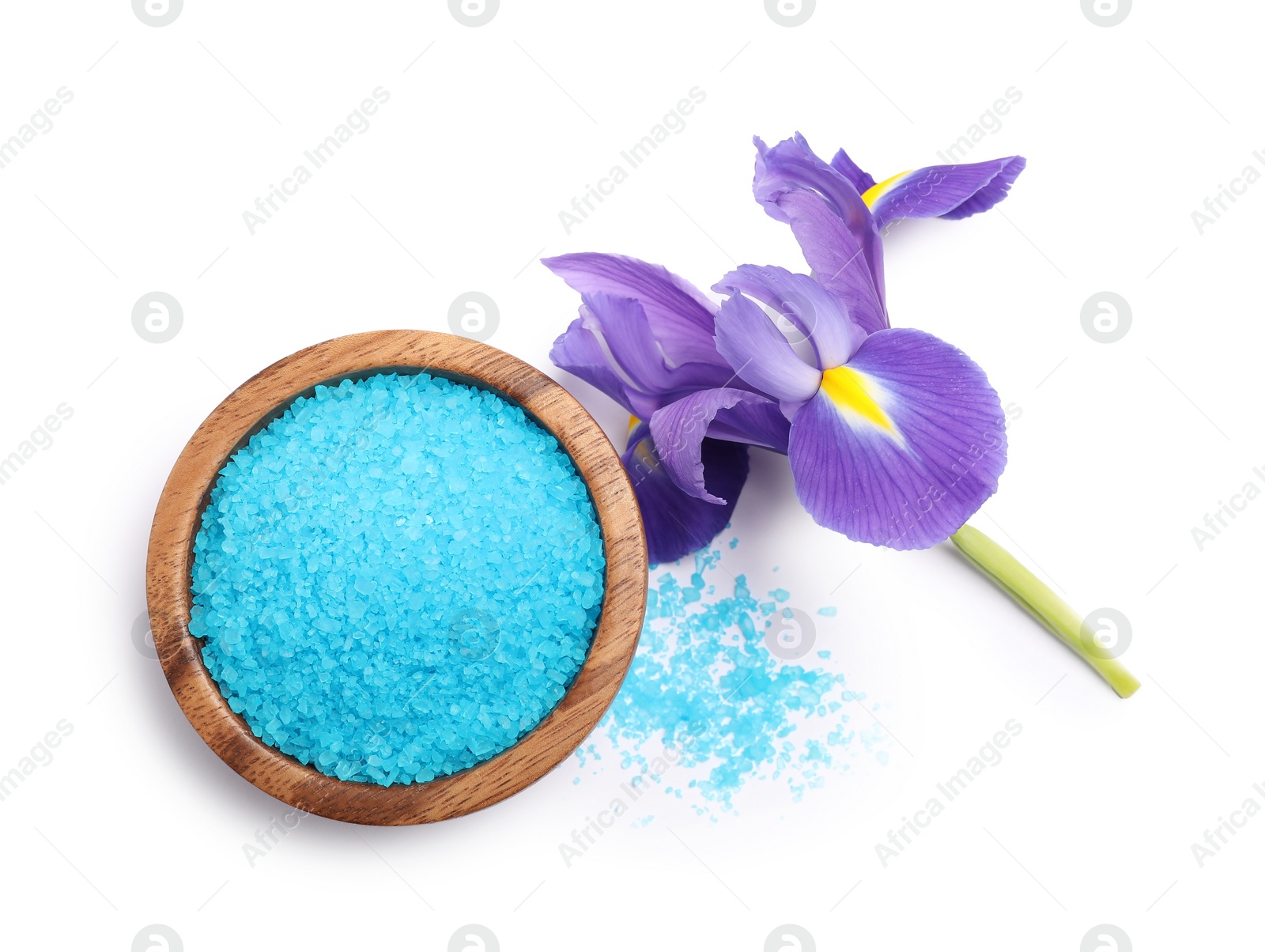 Photo of Light blue sea salt in bowl and iris flower isolated on white, top view