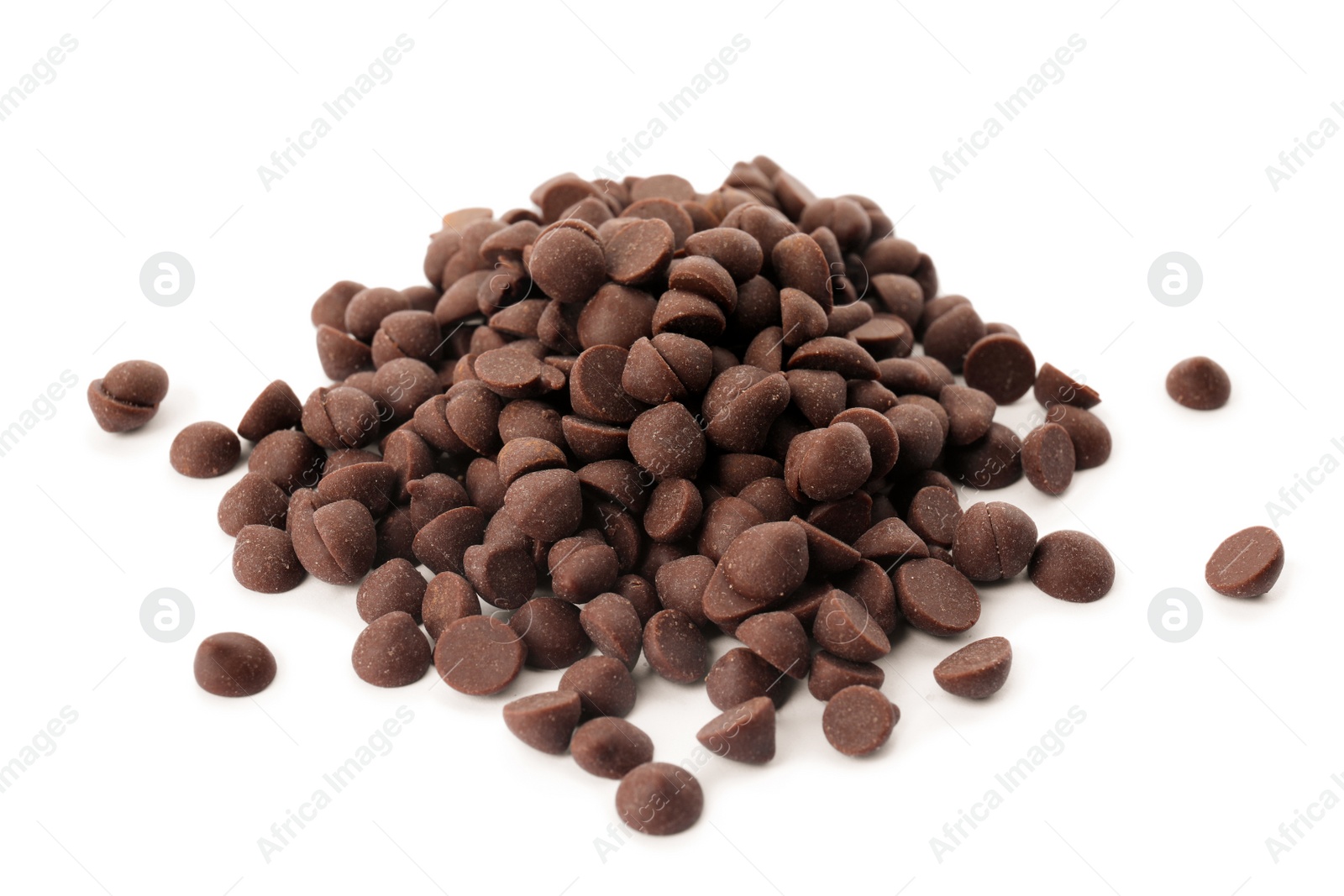 Photo of Pile of delicious dark chocolate chips on white background