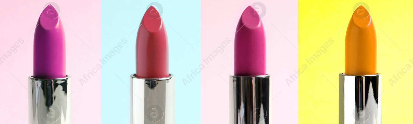 Image of Collage with photos of different lipsticks on color backgrounds, banner design 