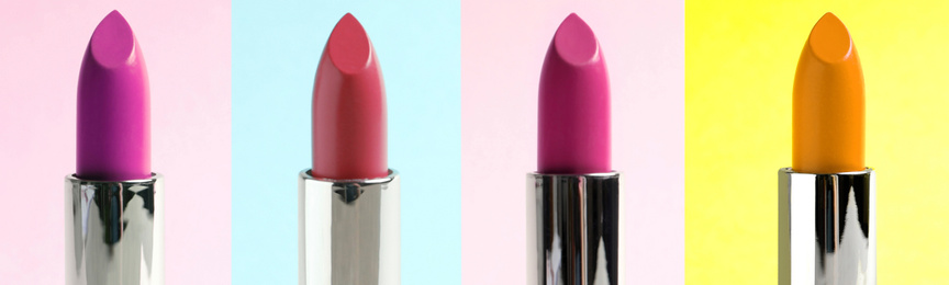 Image of Collage with photos of different lipsticks on color backgrounds, banner design 