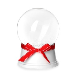 Magical empty snow globe with red bow isolated on white