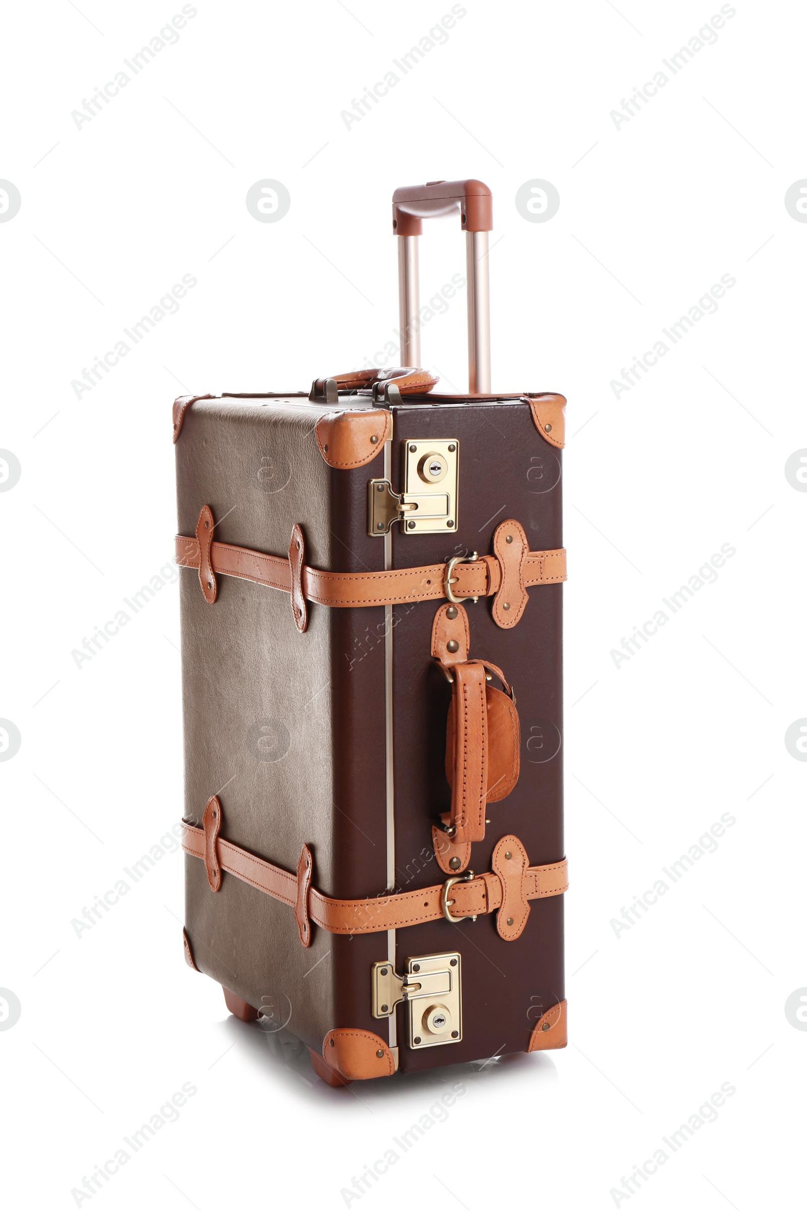 Photo of Fashionable brown suitcase on white background