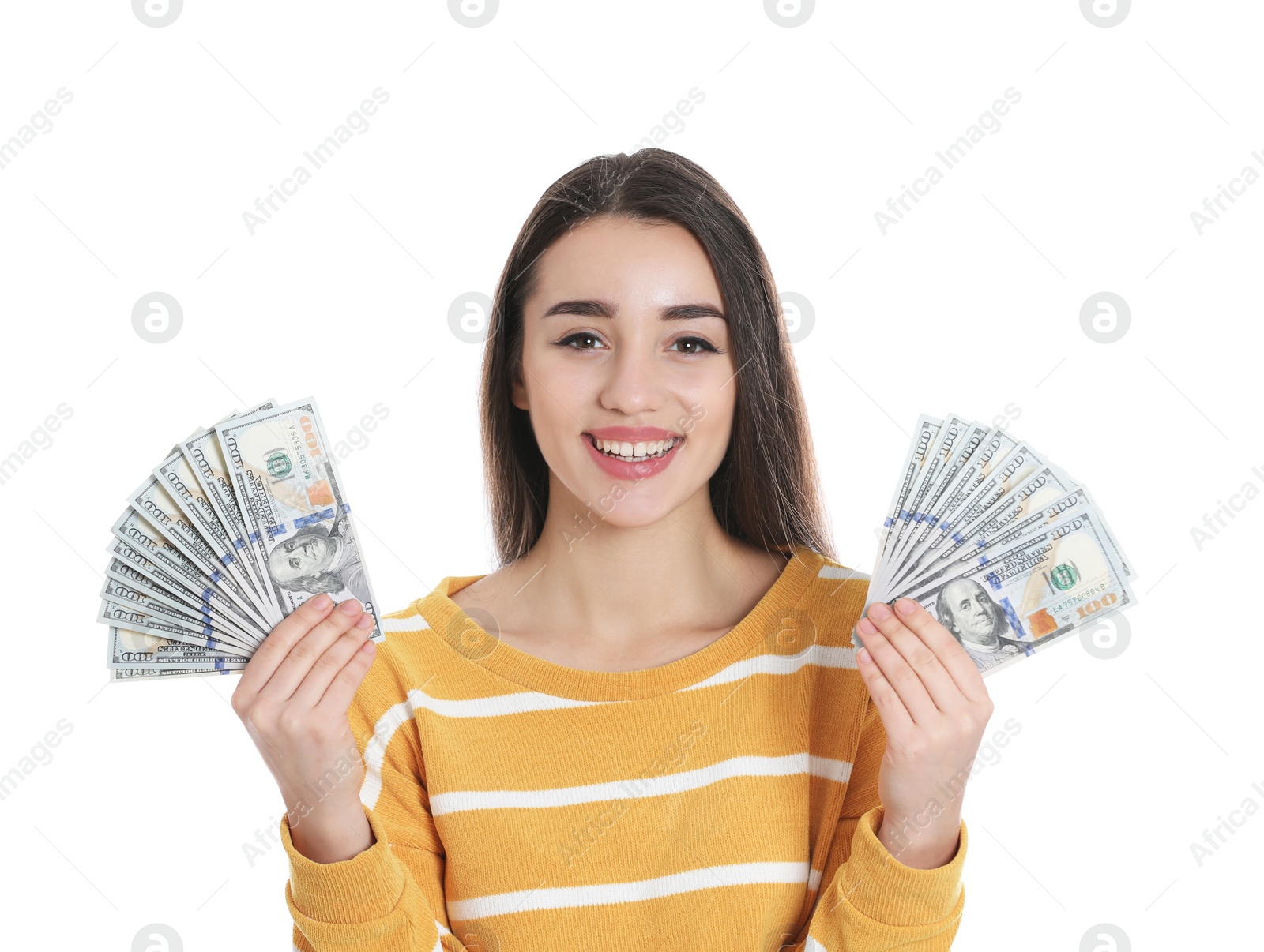 Photo of Portrait of happy young woman with money on white background