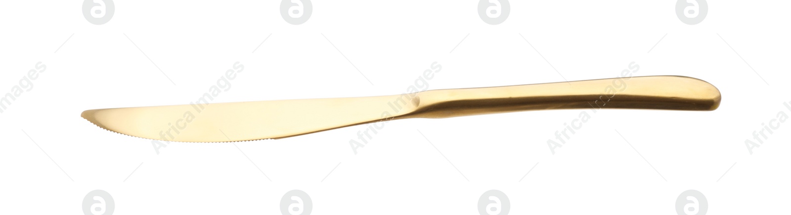 Photo of One golden knife isolated on white. Piece of cutlery