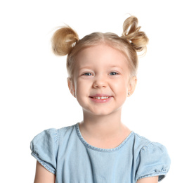 Photo of Portrait of cute little girl on white background