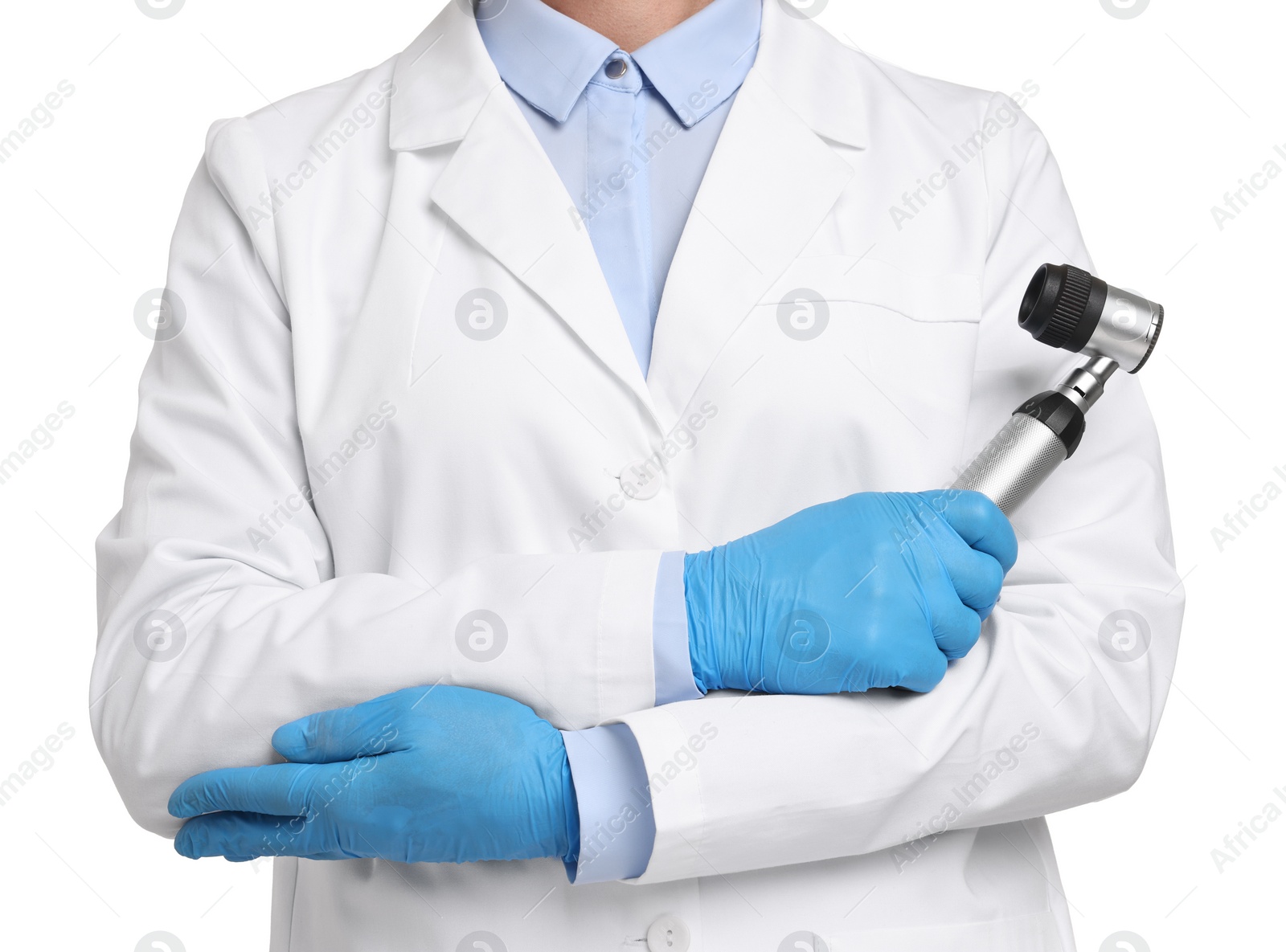 Photo of Dermatologist with dermatoscope isolated on white, closeup