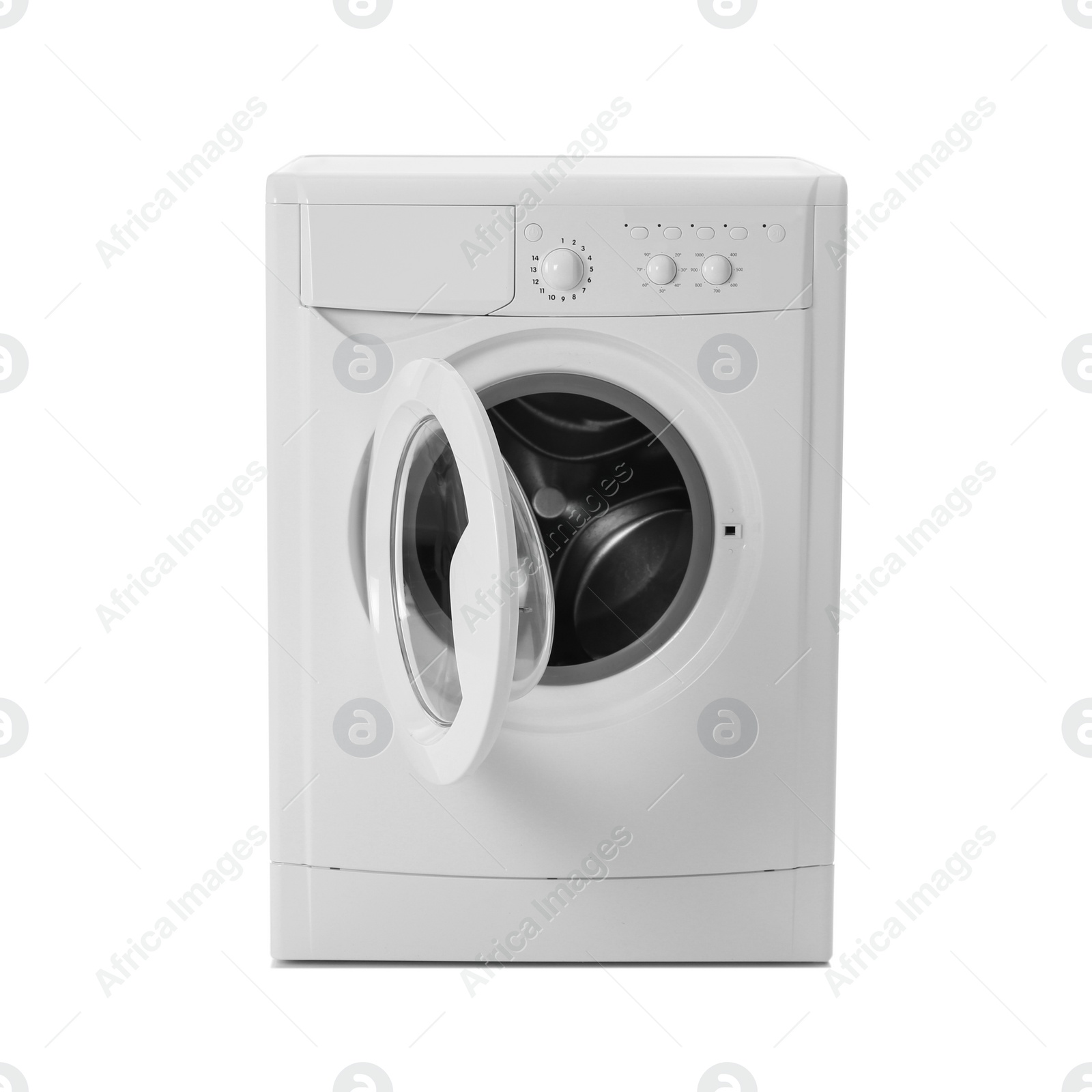 Photo of Modern washing machine isolated on white. Laundry day