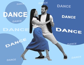 Happy couple dancing on bright background. Creative collage with stylish man and woman. Concept of music, party, fashion, lifestyle