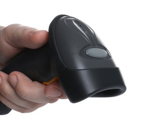 Man with barcode scanner on white background, closeup