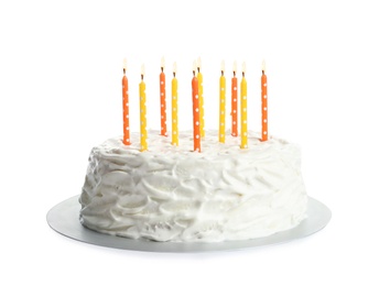 Photo of Birthday cake with candles on white background