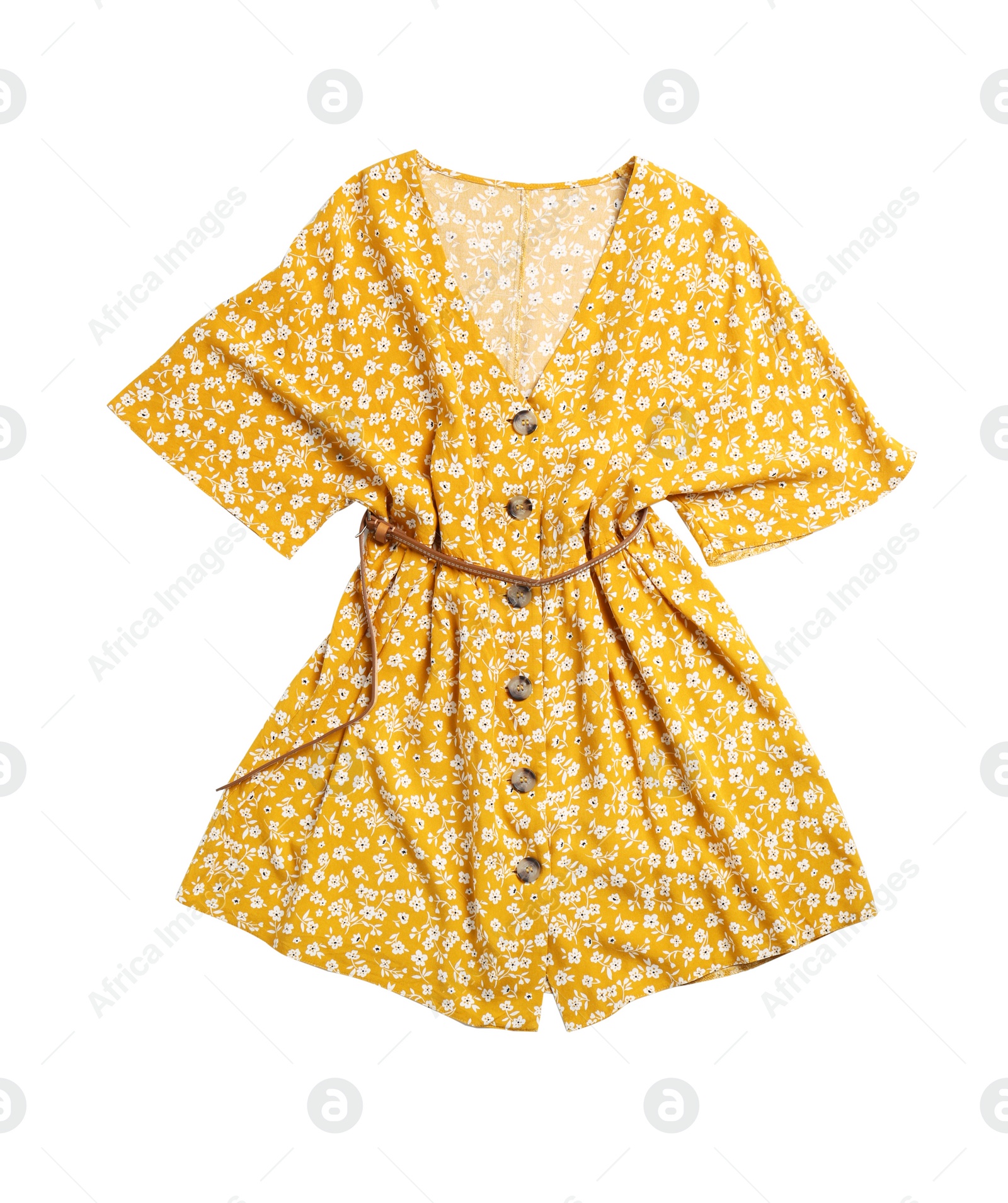 Photo of Short yellow dress with belt isolated on white, top view