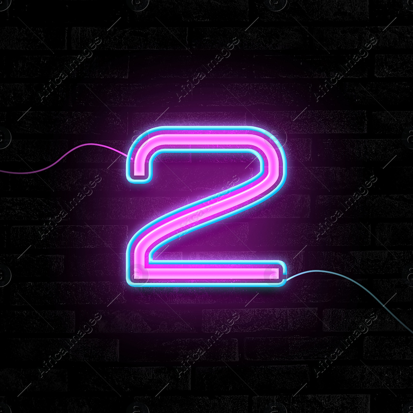 Image of Glowing neon number 2 sign on brick wall