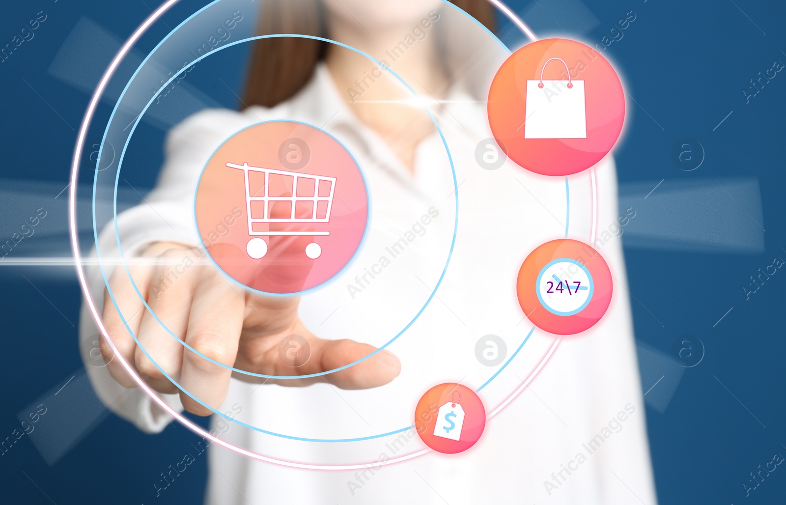 Image of Online shopping. Woman touching button with cart illustration on virtual screen, closeup