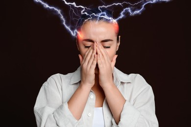 Image of Young woman having headache on brown background. Illustration of lightnings representing severe pain