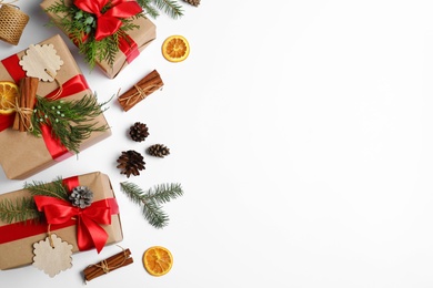 Photo of Composition with Christmas gifts on white background, top view