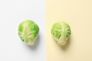 Photo of Fresh Brussels sprouts on color background, flat lay