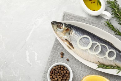 Photo of Delicious salted herring and ingredients on light grey table, flat lay. Space for text