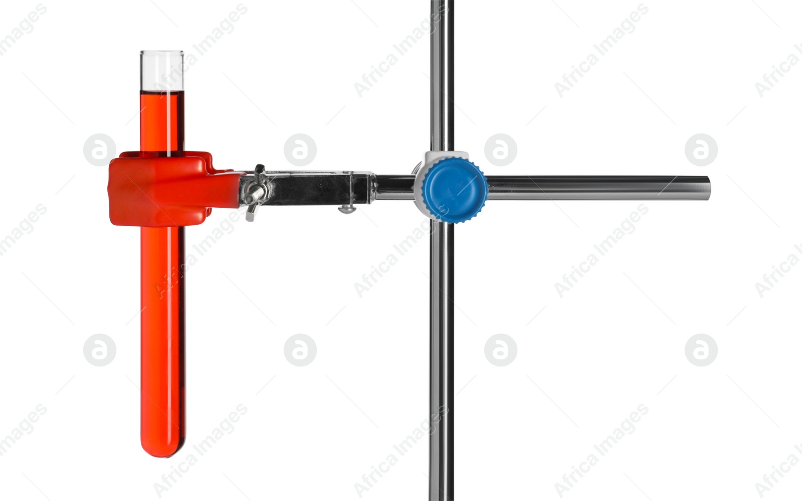 Photo of Retort stand with test tube of red liquid isolated on white