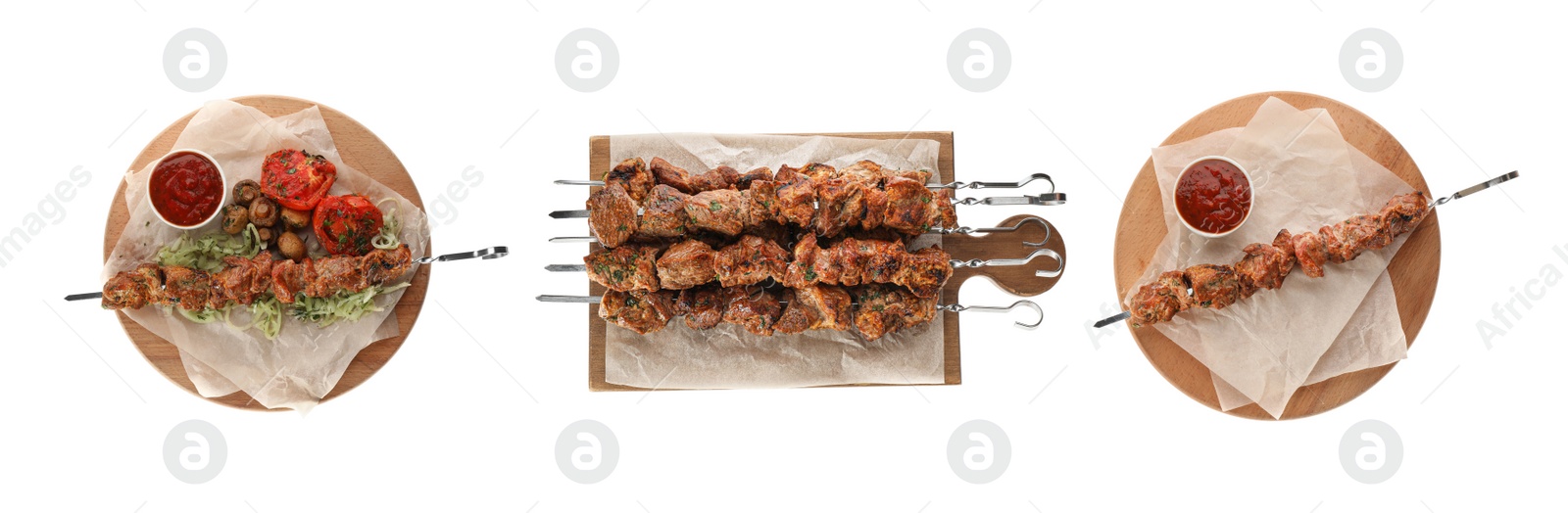 Image of Metal skewers with delicious meat on white background, collage. Banner design