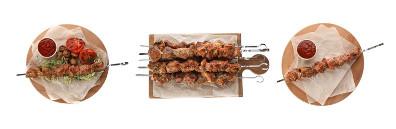Image of Metal skewers with delicious meat on white background, collage. Banner design