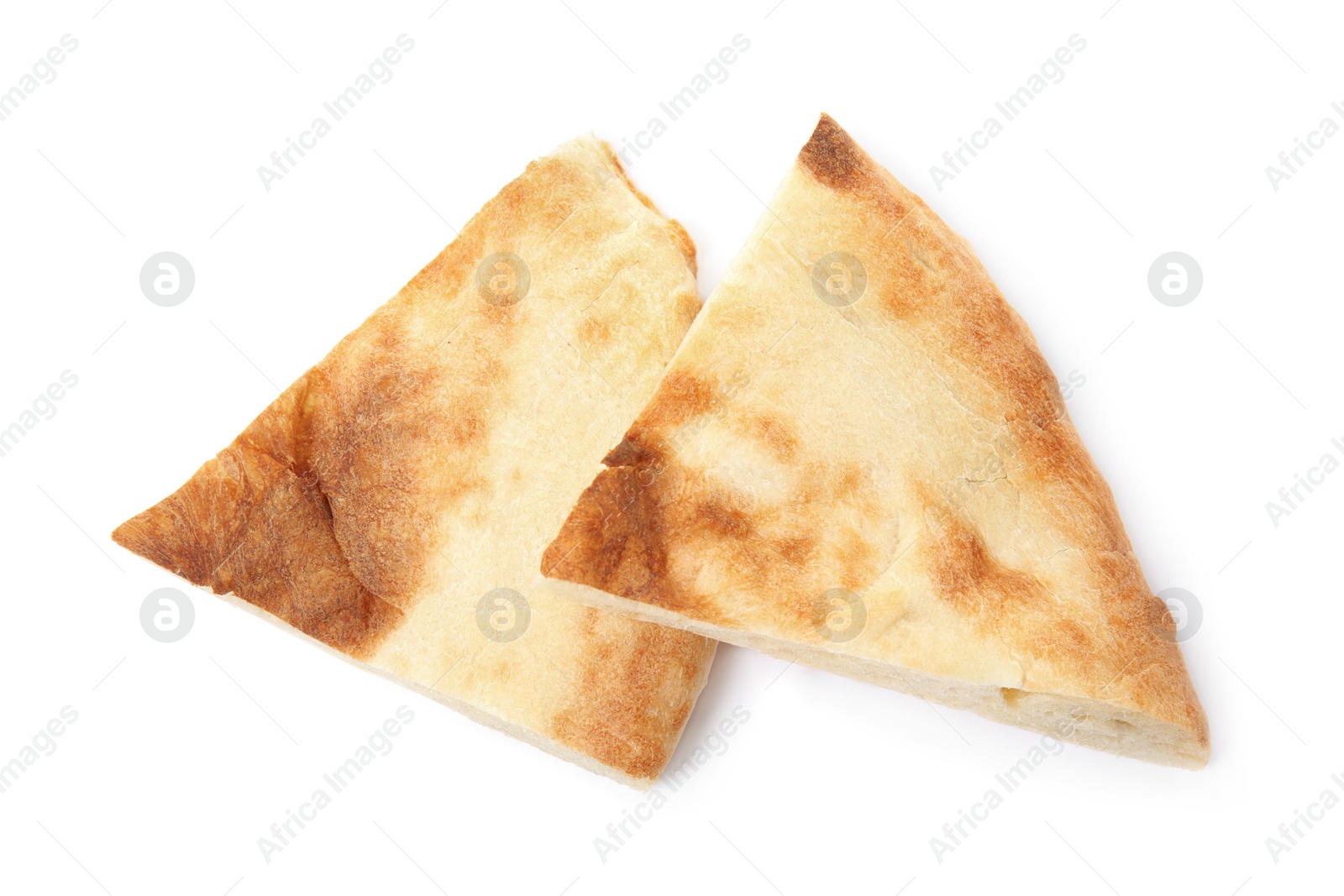 Photo of Cut fresh pita bread on white background